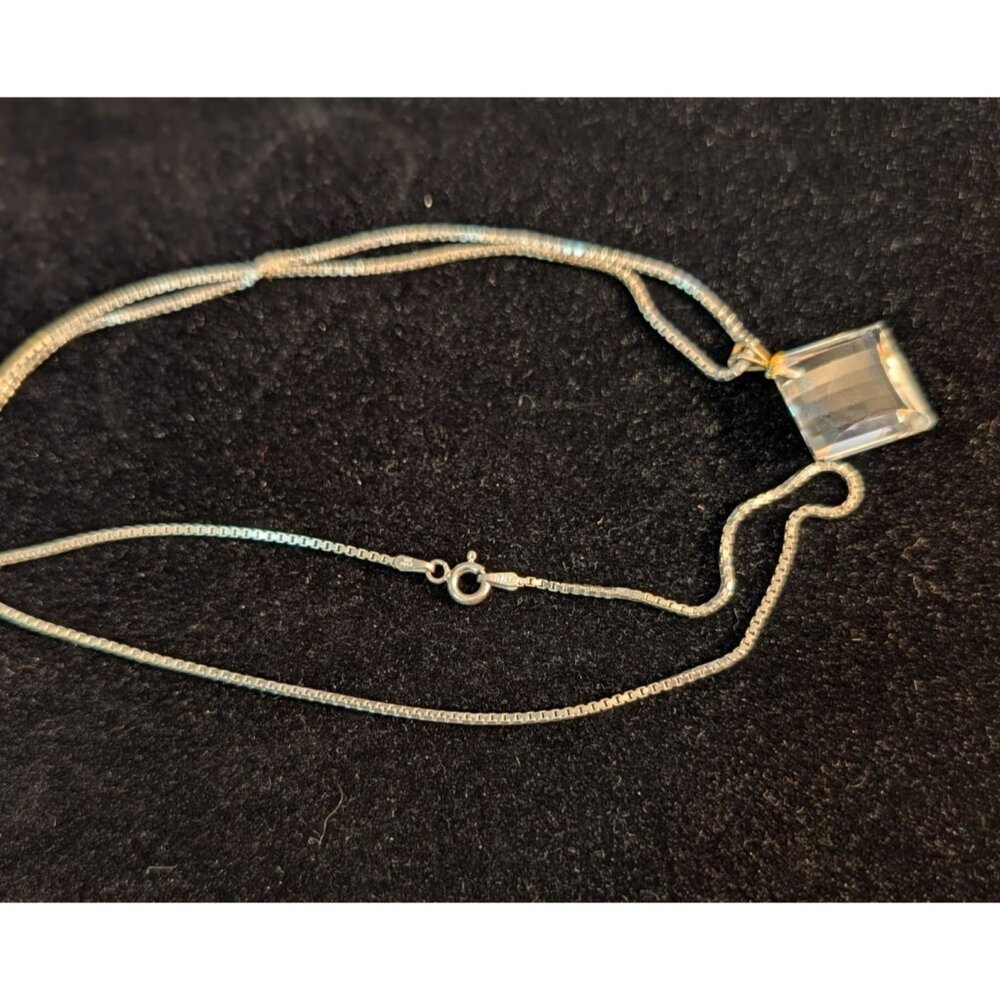 30-Inch Sterling Silver Necklace Square Crystal Pendant Italy 925 10g Elegant - Picture 8 of 15
